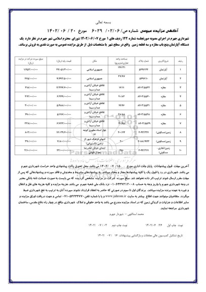 مزایده فروش یک دستگاه آپارتمان ، پنج باب مغازه و سه قطعه زمین نوبت دوم