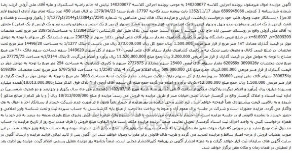 آگهی مزایده پلاک های ثبتی مشاعی به شماره 1/2591و1/2384و1/2144و1/1277