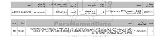 استعلام، کابل 4 زوج شیلدار CAT6 از نوع بیرونی SFTP (آرشیو دارد)