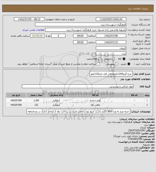 استعلام مرغ گرم1200کیلوماهی قزل تازه132کیلو