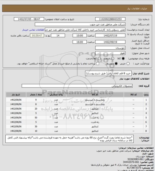 استعلام خرید 8 قلم کالای برقی( طبق شرح پیوست)