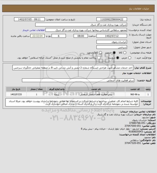 استعلام اخذ خدمات مشاور جهت طراحی ایستگاه شماره 2 ایمنی و آتش نشانی تایپ B در منطقه عملیاتی خانگیران سرخس