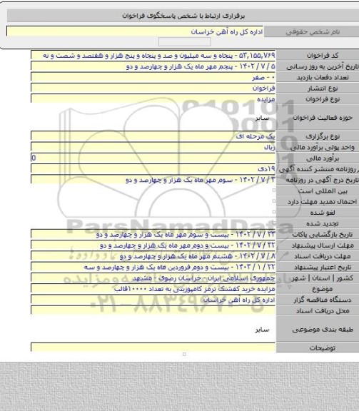 مزایده, مزایده خرید کفشک ترمز کامپوزیتی به تعداد ۱۰۰۰۰قالب