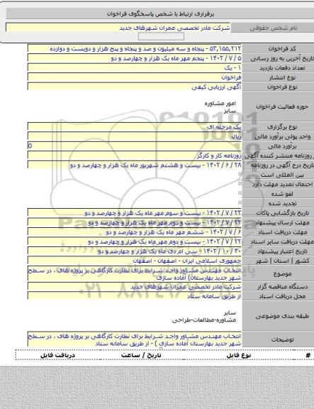 مناقصه, انتخاب مهندس مشاور واجد شرایط برای نظارت کارگاهی بر پروژه های ، در سطح شهر جدید بهارستان) آماده سازی