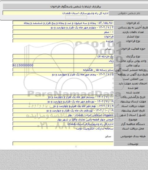 مزایده, فروش چهار قطعه زمین تجاری واقع در شهر بهار