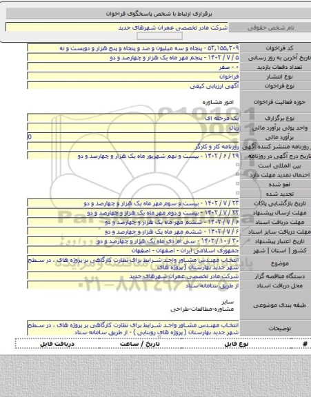 مناقصه, انتخاب مهندس مشاور واجد شرایط برای نظارت کارگاهی بر پروژه های ، در سطح شهر جدید بهارستان ( پروژه های