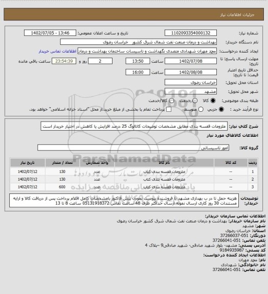 استعلام ملزومات قفسه بندی
مطابق مشخصات توضیحات کاتالوگ
25 درصد افزایش یا کاهش در اختیار خریدار است