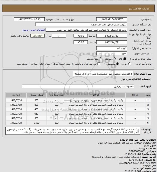 استعلام 6 قلم مواد شوینده 
طبق مشخصات مندرج در فایل ضمیمه