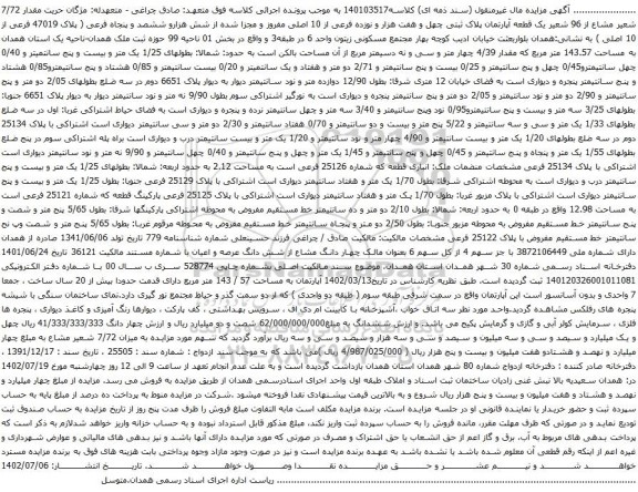 آگهی مزایده یک قطعه آپارتمان پلاک ثبتی چهل و هفت هزار و نوزده فرعی از 10 اصلی مفروز و مجزا شده از شش هزارو ششصد و پنجاه فرعی