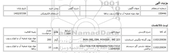استعلام الکترونیکی، مواد ویژه تصفیه آب و انواع رسوب زداها