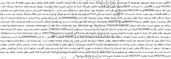 آگهی مزایده ششدانگ عرصه واعیان یکدستگاه آپارتمان باکاربری تجاری واقع درطبقه سوم جنوبی قطعه 6 تحت پلاک ثبتی 437/451 فرعی از 98اصلی