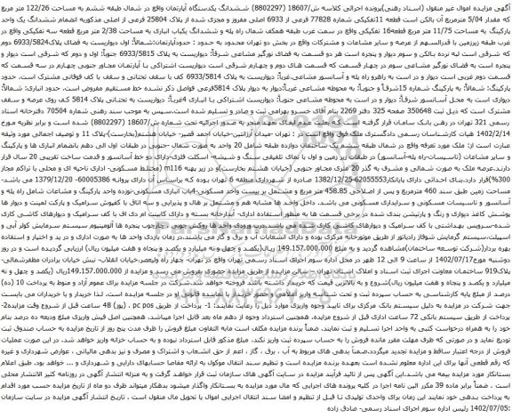 آگهی مزایده ششدانگ یکدستگاه آپارتمان واقع در شمال طبقه ششم به مساحت 122/26 متر مربع