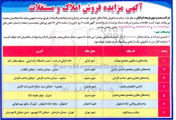 مزایده فروش املاک کاربری مسکونی و تجاری ، ویلایی 