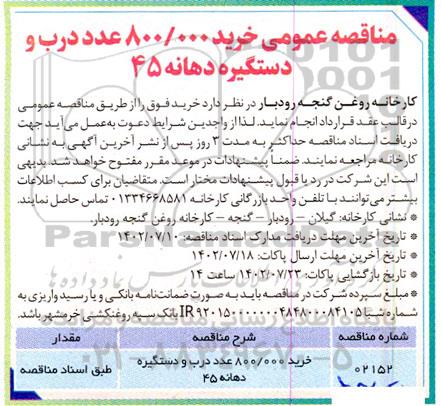 مناقصه خرید 800.000 عدد درب و دستگیره دهانه 45