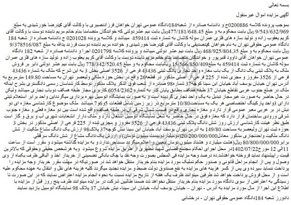 مزایده فروش ملک به پلاک ثبتی یک دانگ از یک باب مغازه واحد تجاری پلاک ثبتی 43436 فرعی از 3526 اصلی