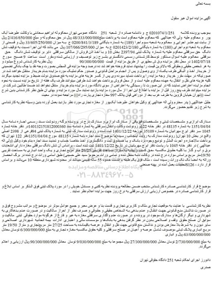 مزایده فروش شش دانگ حق سرقفلی