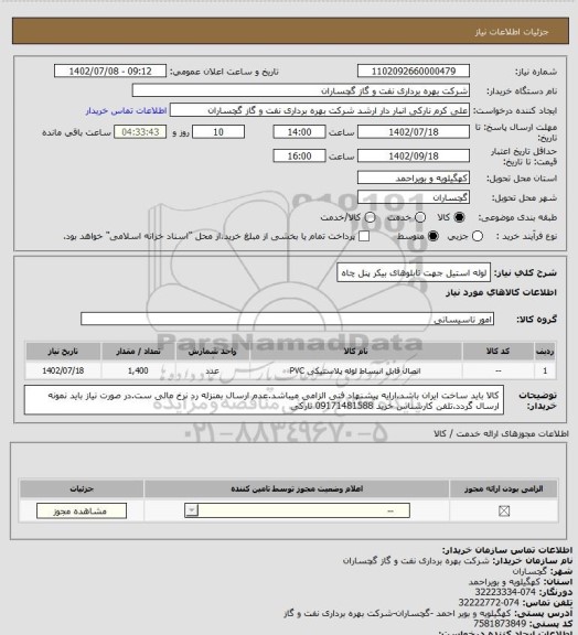 استعلام لوله استیل جهت تابلوهای بیکر پنل چاه