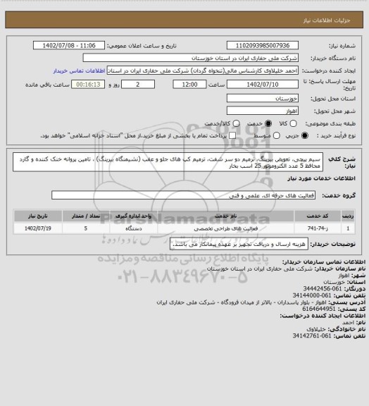 استعلام سیم پیچی، تعویض بیرینگ، ترمیم دو سر شفت، ترمیم کپ های جلو و عقب (نشیمنگاه بیرینگ) ، تامین پروانه خنک کننده و گارد محافظ 5 عدد الکتروموتور 25 اسب بخار