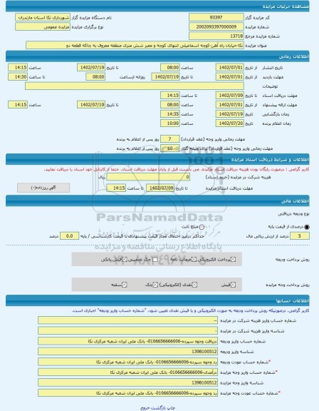 مزایده ، نکا-خیابان راه آهن-کوچه اسماعیلی انتهای کوچه و معبر شش متری منطقه معروف به چاکه قطعه دو  -مزایده زمین  - استان مازندران