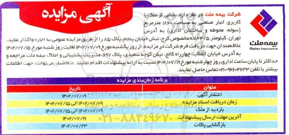 مزایده اجاره انبار صنعتی به مساحت 1860 مترمربع (سوله، محوطه و ساختمان اداری)