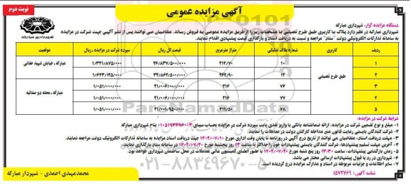 مزایده فروش پلاک با کاربری طبق طرح تفصیلی  - نوبت دوم 