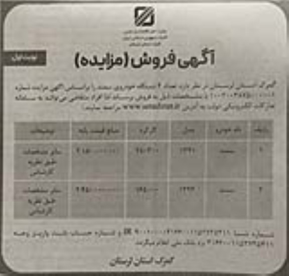 مزایده فروش تعداد 2 دستگاه خودروی سمند