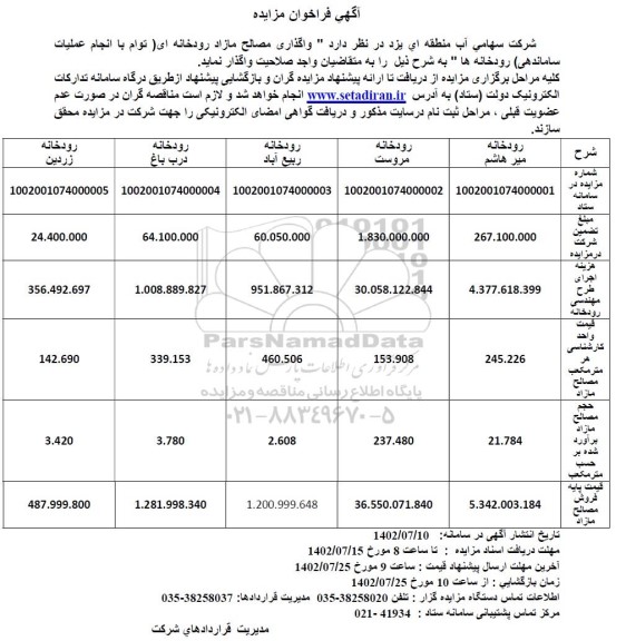 مزایده واگذاری مصالح مازاد رودخانه ای