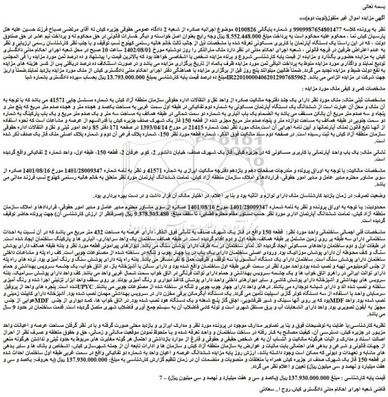 مزایده یک دستگاه آپارتمان با کاربری مسکونی 