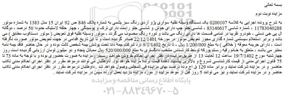 مزایده یک دستگاه وسیله نقلیه سواری پژو آردی رنگ سبز یشمی 