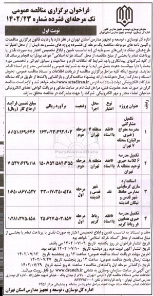 مناقصه تکمیل مشارکتی مدرسه و...