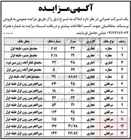مزایده فروش املاک