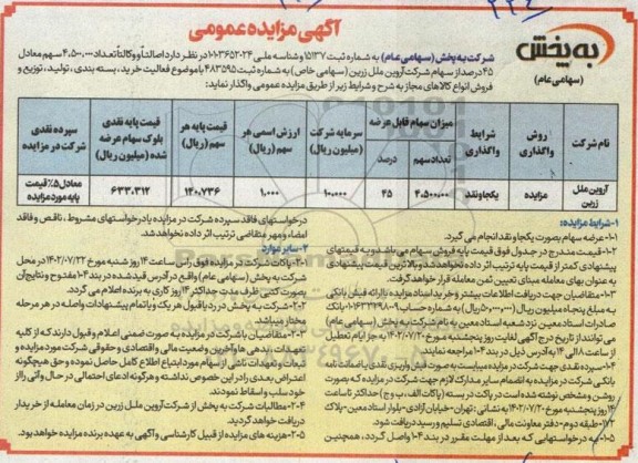 مزایده فروش تعداد 4.500.000 سهام