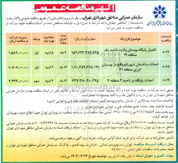 مناقصه عمومی تکمیل پایگاه بوستان ولایت ناحیه یک منطقه 19 ...