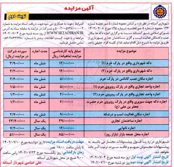 مزایده اجاره دکه ها، مکان نصب دکه، مکان فعالیت اسب و گاری، ساختمان تجاری- نوبت دوم