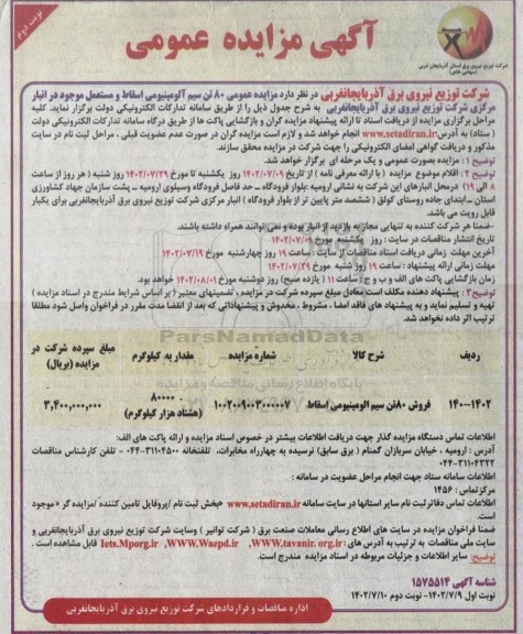 مزایده عمومی فروش 80 تن سیم آلومینیومی اسقاط و مستعمل - نوبت دوم