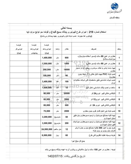 استعلام اجرای طرح فیبرنوری پایگاه بسیج گلیداغ....