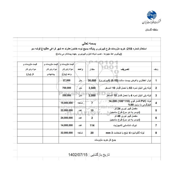 استعلام خرید ملزومات طرح فیبر نوری پایگاه بسیج ...