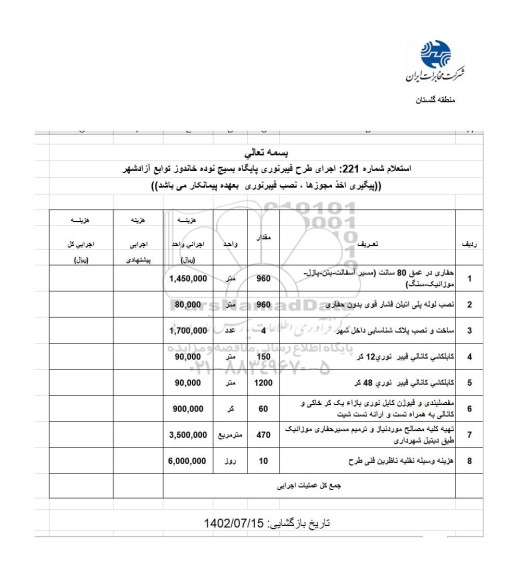 استعلام اجرای طرح فیبرنوری ...