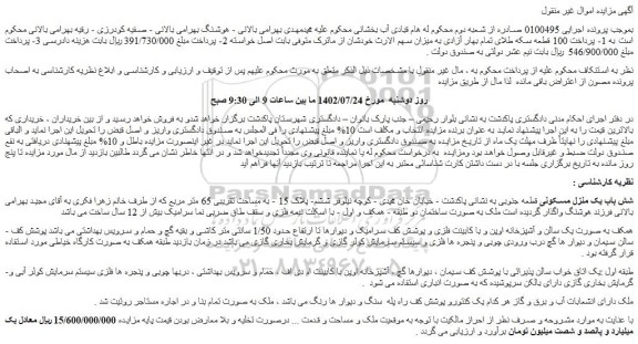 مزایده شش باب یک منزل مسکونی قطعه جنوبی به مساحت تقریبی 65 متر مربع