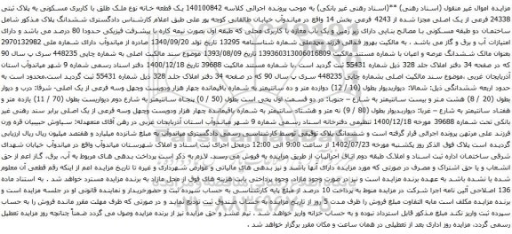 مزایده ملک مسکونی به پلاک ثبتی 24338 فرعی از یک اصلی