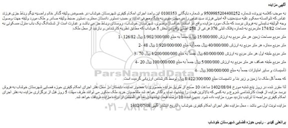 مزایده ششدانگ یک باب منزل مسکونی به مساحت 174/82 مترمربع 
