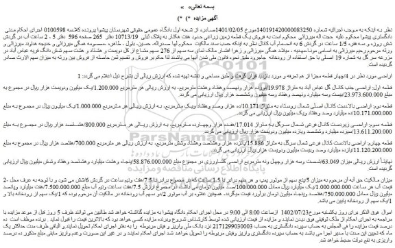 مزایده فروش یک قطعه زمین زراعی حدود هفت هکتار به پلاک ثبتی 10713/19