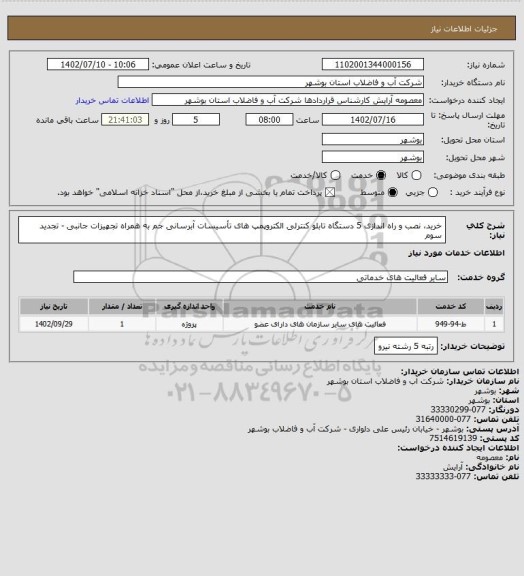 استعلام خرید، نصب و راه اندازی 5 دستگاه تابلو کنترلی الکتروپمپ های تأسیسات آبرسانی جم  به همراه تجهیزات جانبی - تجدید سوم