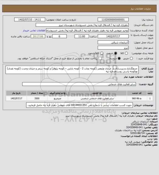استعلام جدولگذاری و زیرسازی در خیابان ولیعصر (کوچه نجات 2 - کوچه بابایی – کوچه نیلوفر) و کوچه سحر و خیابان وحدت (کوچه نقدی) ووکوچه پاسی روستای قره تپه