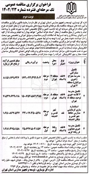مناقصه تکمیل مشارکتی مدرسه و...- نوبت دوم