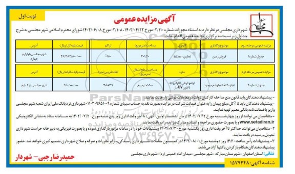 مزایده فروش زمین با کاربری تجاری - مختلط،  اجاره گلخانه 