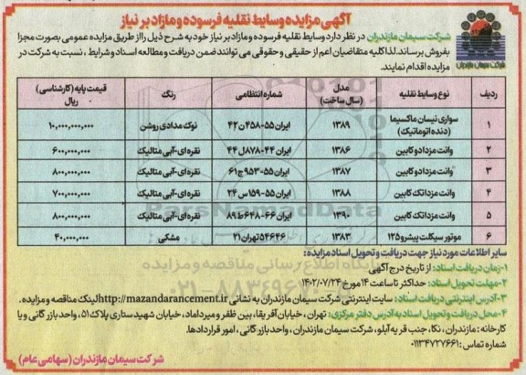 مزایده فروش وسایط نقلیه فرسوده و مازاد بر نیاز شامل سواری نیسان ماکسیما (دنده اتوماتیک)، وانت مزدا دوکابین و تک کابین و موتورسیکلت