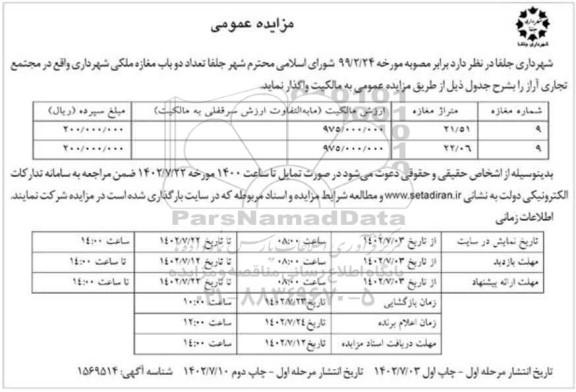 مزایده واگذاری دو باب مغازه ملکی