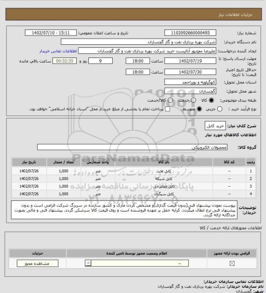 استعلام خرید کابل