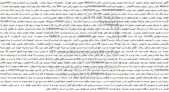 آگهی مزایده یک و نیم دانگ مشاع از ششدانگ یک دستگاه خودرو سمند تیپ ال ایکس